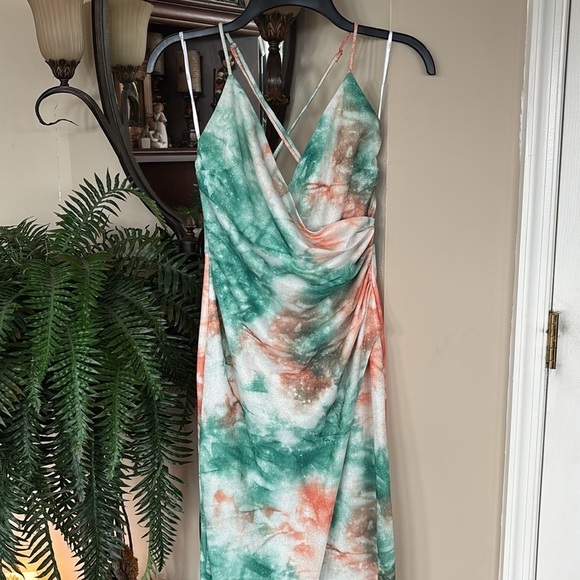 Lulus Lover’s Paradise Metallic Tie Dye Maxi Dress Teal Orange Crisscross Back - Picture 3 of 16